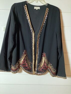 Novica Black Embellished Open Cardigan Jacket with Gold Trim